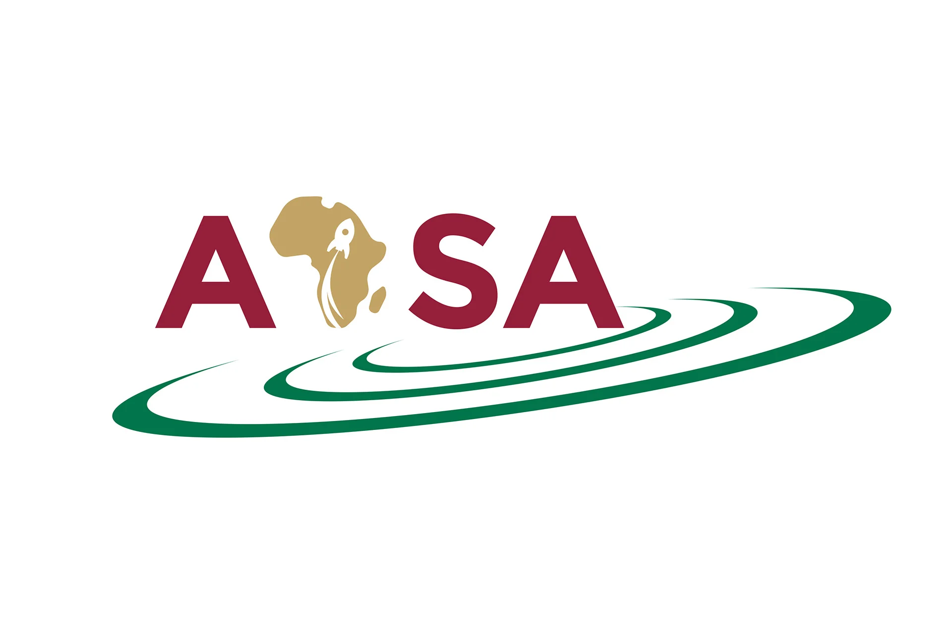 The image features the logo of the African Space Agency (AfSA). It consists of the acronym "AfSA" in large, bold, maroon letters. Between the "A" and "S," there is a stylized map of Africa in gold, with a depiction of a rocket launching from the eastern part of the continent. Below the text, there are concentric, elliptical green rings suggesting motion or orbits, adding a dynamic element to the design. The background is white, making the elements stand out prominently.