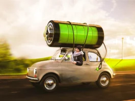 The image depicts a whimsical scene of a small vintage car driving on a road in a countryside setting. The car is noticeable for the large, green battery mounted on its roof, with thick cables connecting it to the vehicle, suggesting the idea of an electric car. The battery is oversized compared to the car, with a bright green color indicating full charge. A person dressed in winter clothes, including a black hat and scarf, is joyfully leaning out of the car’s window. The background features blurry green fields and several wind turbines scattered across the landscape, under a cloudy sky tinged with shades of orange and yellow, implying a sunset or sunrise.