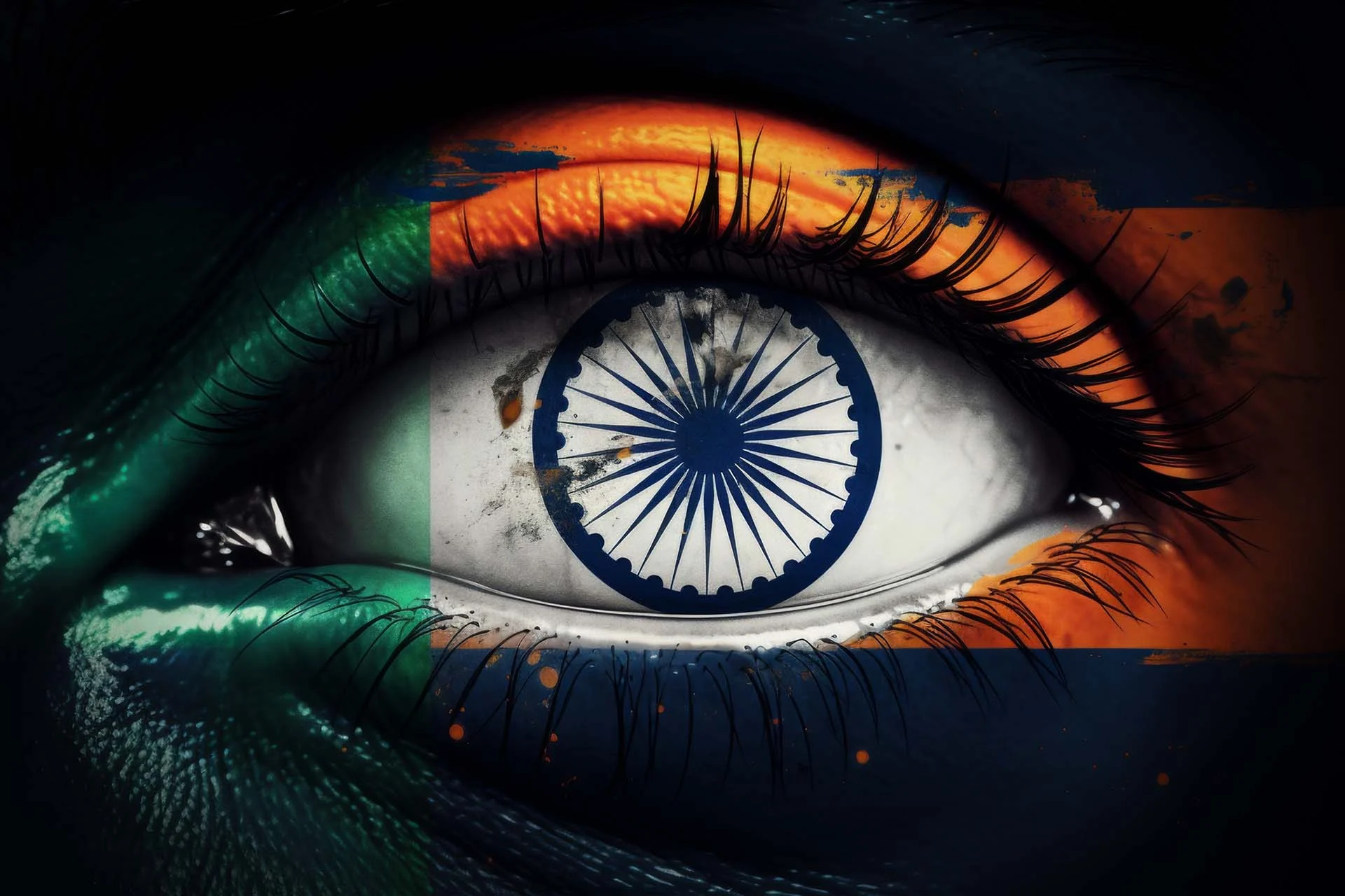 The image portrays a close-up of a human eye with the iris transformed into the Ashoka Chakra, a 24-spoke wheel from the Indian flag. Surrounding the eye, the eyelid and surrounding skin are painted with the colors of the Indian flag: saffron at the top, white in the middle, and green at the bottom. The vibrant colors are slightly blended, giving a painted effect. The eye's lashes are clearly defined and sharply contrasted against the vivid colors.